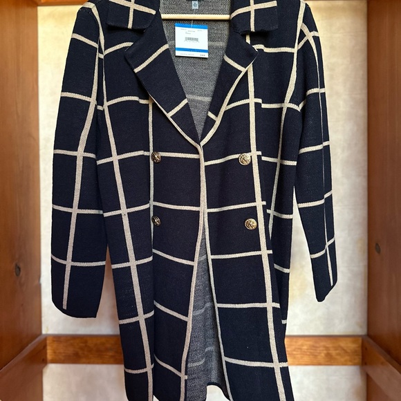 Anne Klein Black Coat with Cream Windowpane Grid - Picture 2 of 5